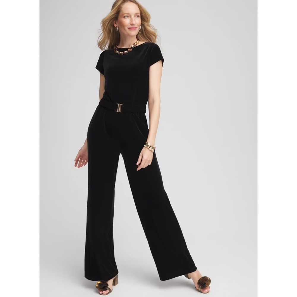 Chico's jumpsuit womens 3 US XL black pockets stretch 570380000 belted $149